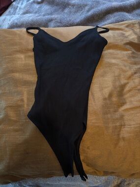 Lulu's Black Ribbed V-Neck Spaghetti Strap Bodysuit - Sleek Classic